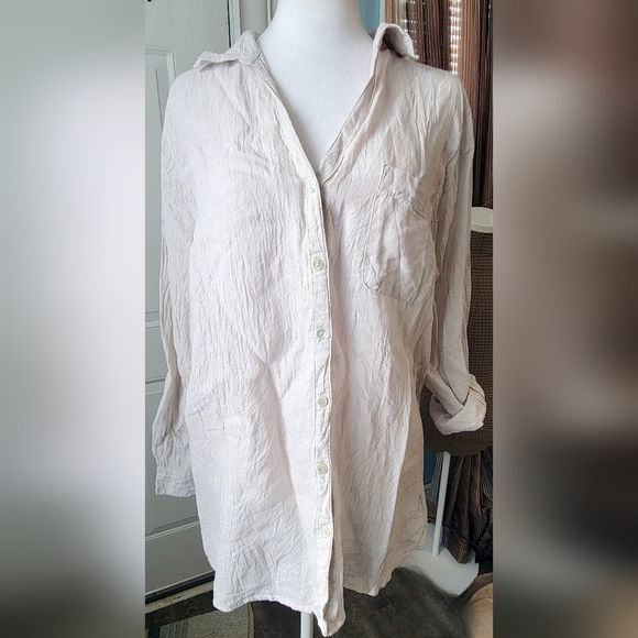 Sigrid Olsen Tops - Sigrid Olsen 100% Linen Button Down Shirt Women's L Oatmeal Long Roll Tab Sleeve